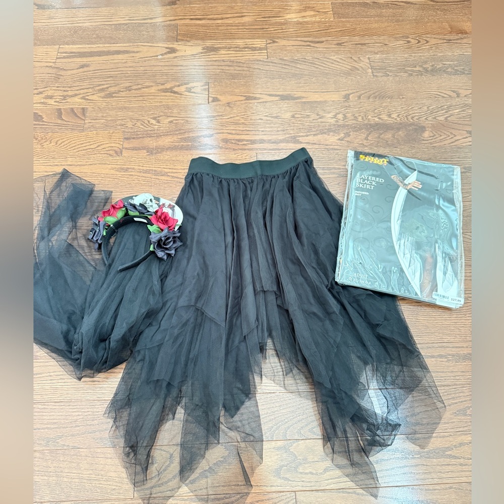 Black Tulle Skirt with Floral Headband Skull head piece